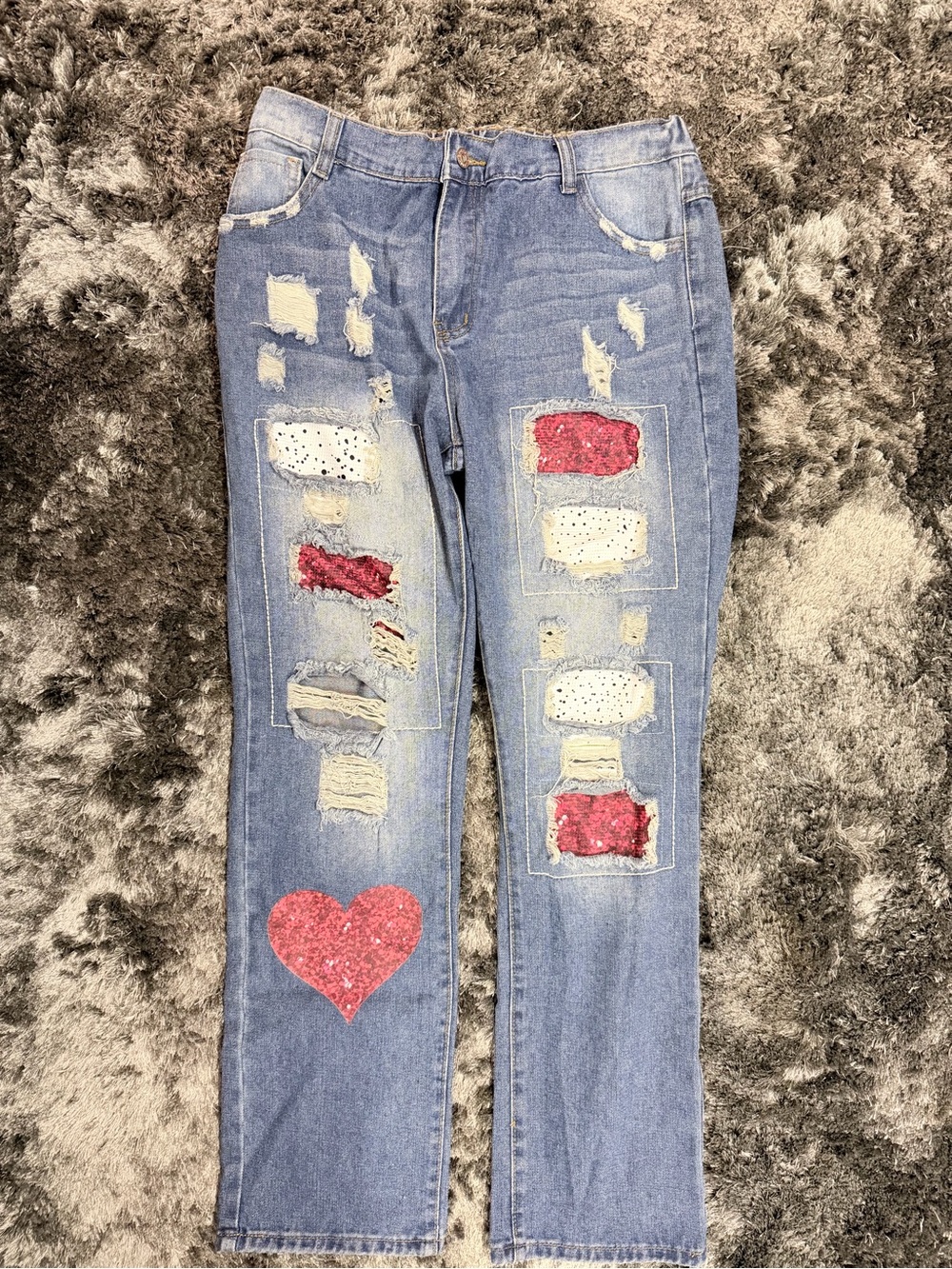 Distressed Blue Women’s Jeans with Red Sequin Heart and Patchwork